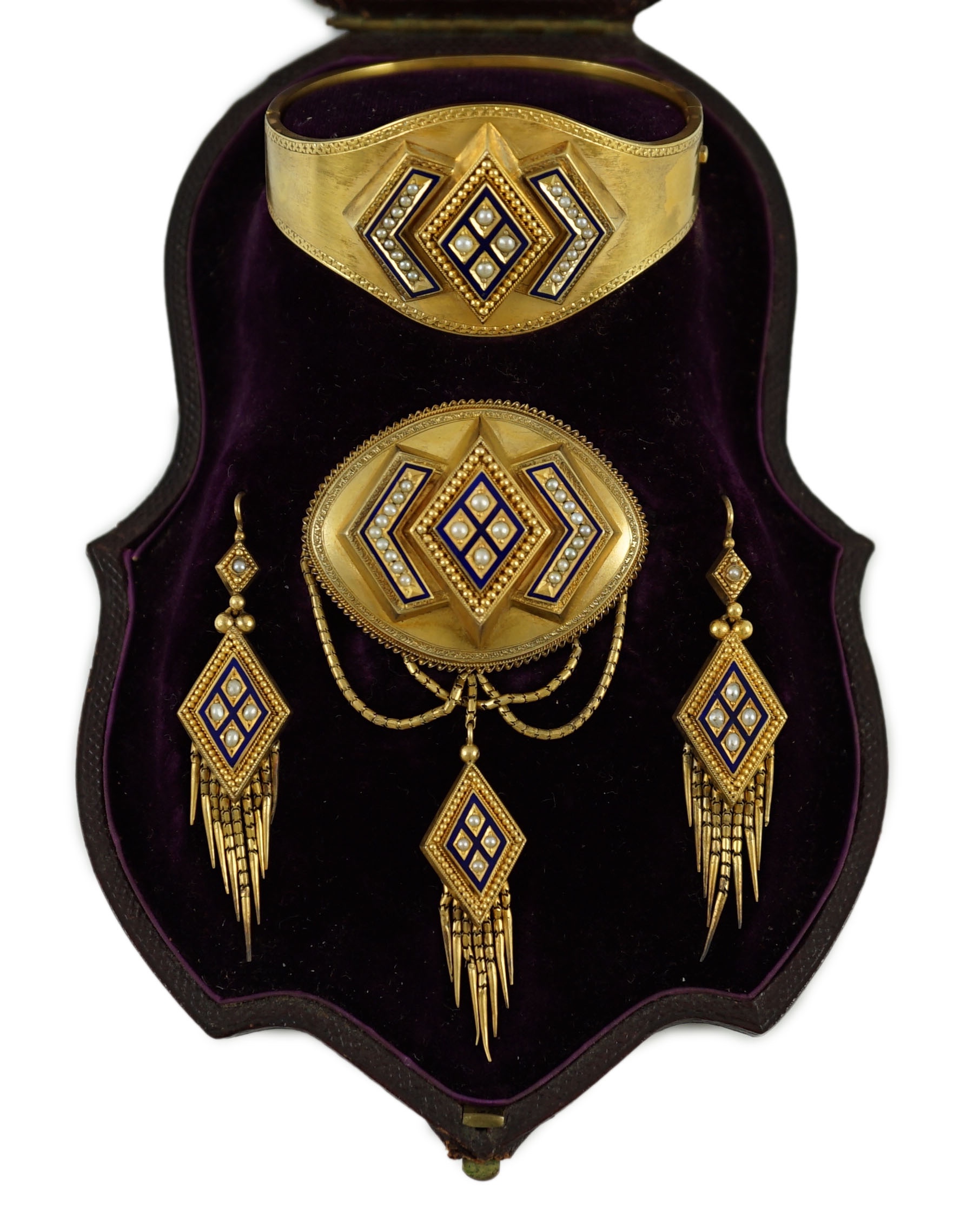 A cased Victorian gold, seed pearl and blue enamel parure